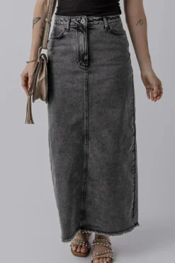 Clearance Dear-Lover Denim Raw Hem Back Split High Waist Long Skirt Dark Grey