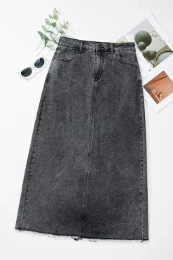 Clearance Dear-Lover Denim Raw Hem Back Split High Waist Long Skirt Dark Grey