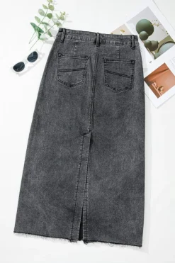 Clearance Dear-Lover Denim Raw Hem Back Split High Waist Long Skirt Dark Grey
