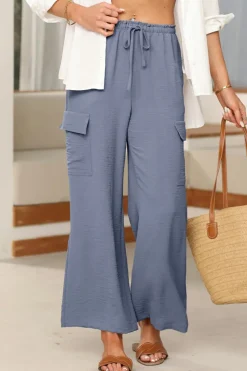 Sale Dear-Lover Drawstring Frilled Waist Wide Leg Utility Trousers Dark Grey