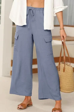 Sale Dear-Lover Drawstring Frilled Waist Wide Leg Utility Trousers Dark Grey
