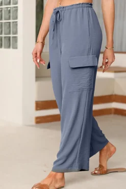 Sale Dear-Lover Drawstring Frilled Waist Wide Leg Utility Trousers Dark Grey