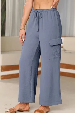 Sale Dear-Lover Drawstring Frilled Waist Wide Leg Utility Trousers Dark Grey