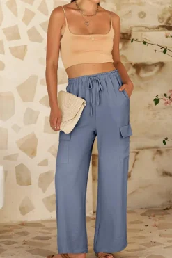 Sale Dear-Lover Drawstring Frilled Waist Wide Leg Utility Trousers Dark Grey