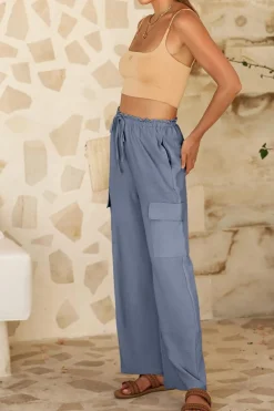 Sale Dear-Lover Drawstring Frilled Waist Wide Leg Utility Trousers Dark Grey