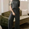 Sale Dear-Lover Drawstring Side Crewneck Tee and Loose Pants Set Dark Grey