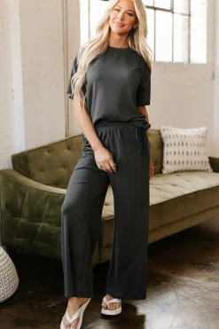 Sale Dear-Lover Drawstring Side Crewneck Tee and Loose Pants Set Dark Grey