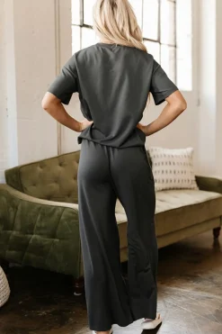Sale Dear-Lover Drawstring Side Crewneck Tee and Loose Pants Set Dark Grey