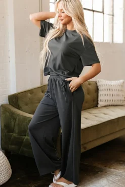 Sale Dear-Lover Drawstring Side Crewneck Tee and Loose Pants Set Dark Grey