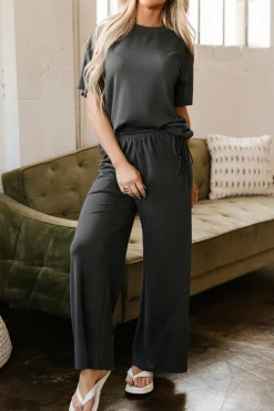 Sale Dear-Lover Drawstring Side Crewneck Tee and Loose Pants Set Dark Grey