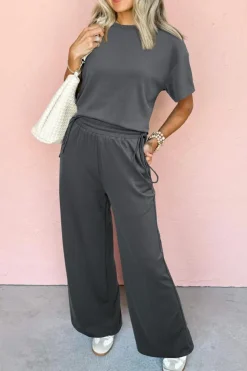 Sale Dear-Lover Drawstring Side Crewneck Tee and Loose Pants Set Dark Grey