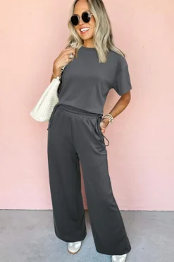 Sale Dear-Lover Drawstring Side Crewneck Tee and Loose Pants Set Dark Grey