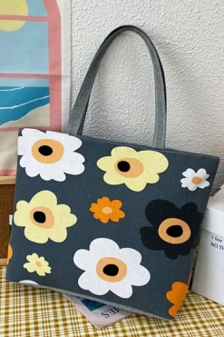 Best Dear-Lover Flower Print Canvas Zipper Large Tote Bag Dark Grey