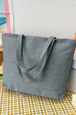 Best Dear-Lover Flower Print Canvas Zipper Large Tote Bag Dark Grey