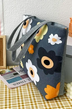 Best Dear-Lover Flower Print Canvas Zipper Large Tote Bag Dark Grey
