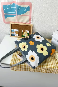 Best Dear-Lover Flower Print Canvas Zipper Large Tote Bag Dark Grey
