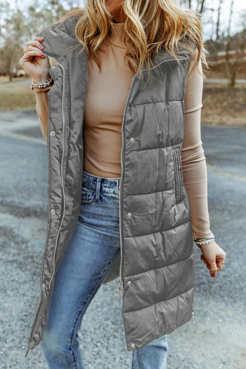Fashion Dear-Lover Hooded Long Quilted Vest Coat Dark Grey
