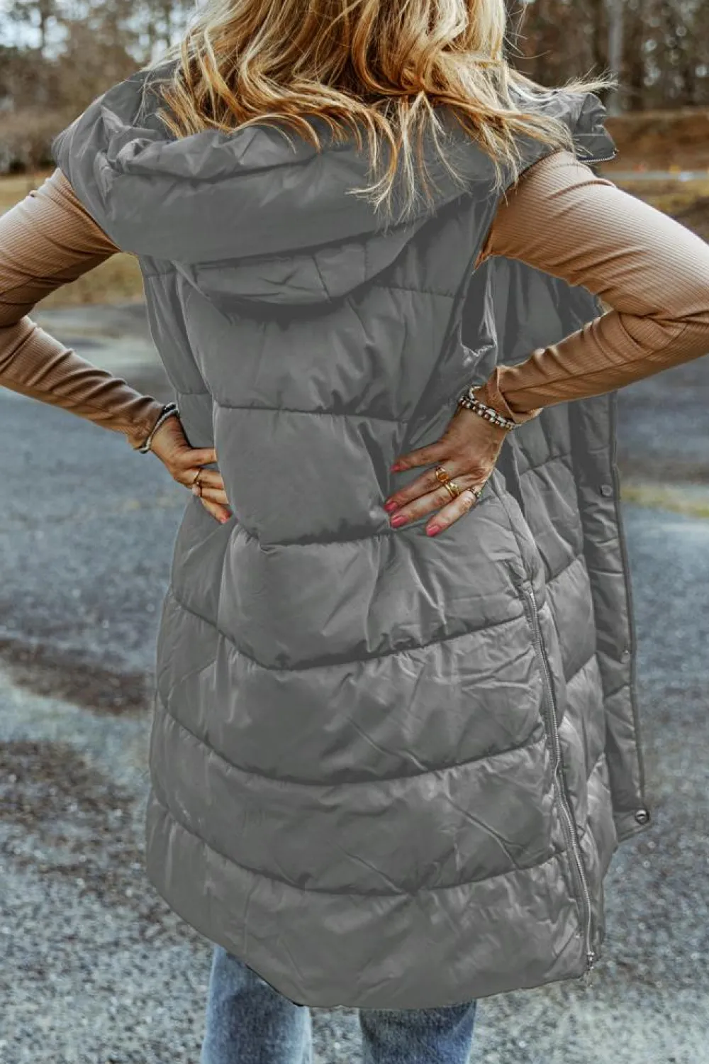 Fashion Dear-Lover Hooded Long Quilted Vest Coat Dark Grey