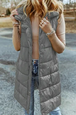 Fashion Dear-Lover Hooded Long Quilted Vest Coat Dark Grey