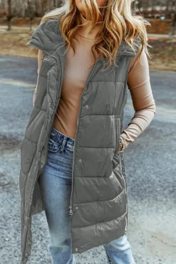Fashion Dear-Lover Hooded Long Quilted Vest Coat Dark Grey