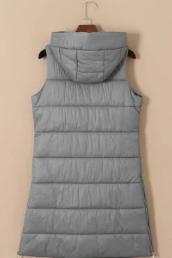 Fashion Dear-Lover Hooded Long Quilted Vest Coat Dark Grey
