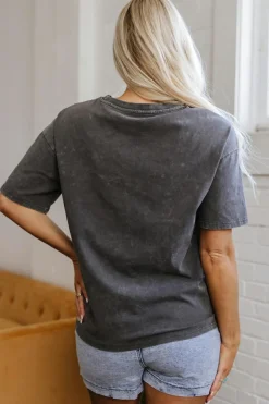 Sale Dear-Lover Kindness Butterflies Graphic Mineral Wash Loose Tee Dark Grey