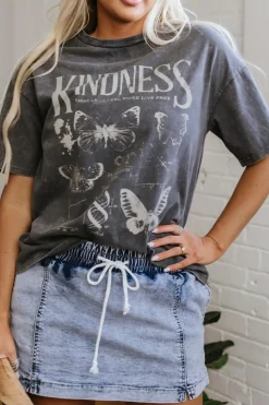 Sale Dear-Lover Kindness Butterflies Graphic Mineral Wash Loose Tee Dark Grey