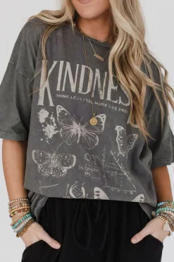 Sale Dear-Lover Kindness Butterflies Graphic Mineral Wash Loose Tee Dark Grey