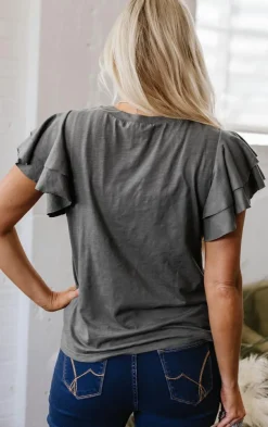 Online Dear-Lover Layered Ruffle Short Sleeve Round Neck Top Dark Grey