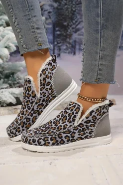Sale Dear-Lover Leopard Print Ankle Patched Flat Winter Fur Boots Dark Grey