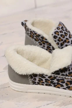 Sale Dear-Lover Leopard Print Ankle Patched Flat Winter Fur Boots Dark Grey