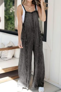 New Dear-Lover Light Wash Frayed Exposed Seam Wide Leg Denim Overall Dark Grey