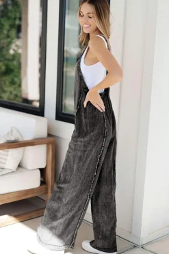 New Dear-Lover Light Wash Frayed Exposed Seam Wide Leg Denim Overall Dark Grey