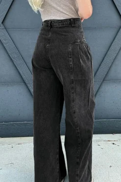 Outlet Dear-Lover Pleated Wide Leg Mineral Wash Denim Pants Dark Grey