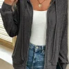 Best Dear-Lover Ribbed Zip Up Front Drawstring Hoodie Dark Grey