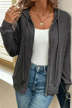 Best Dear-Lover Ribbed Zip Up Front Drawstring Hoodie Dark Grey