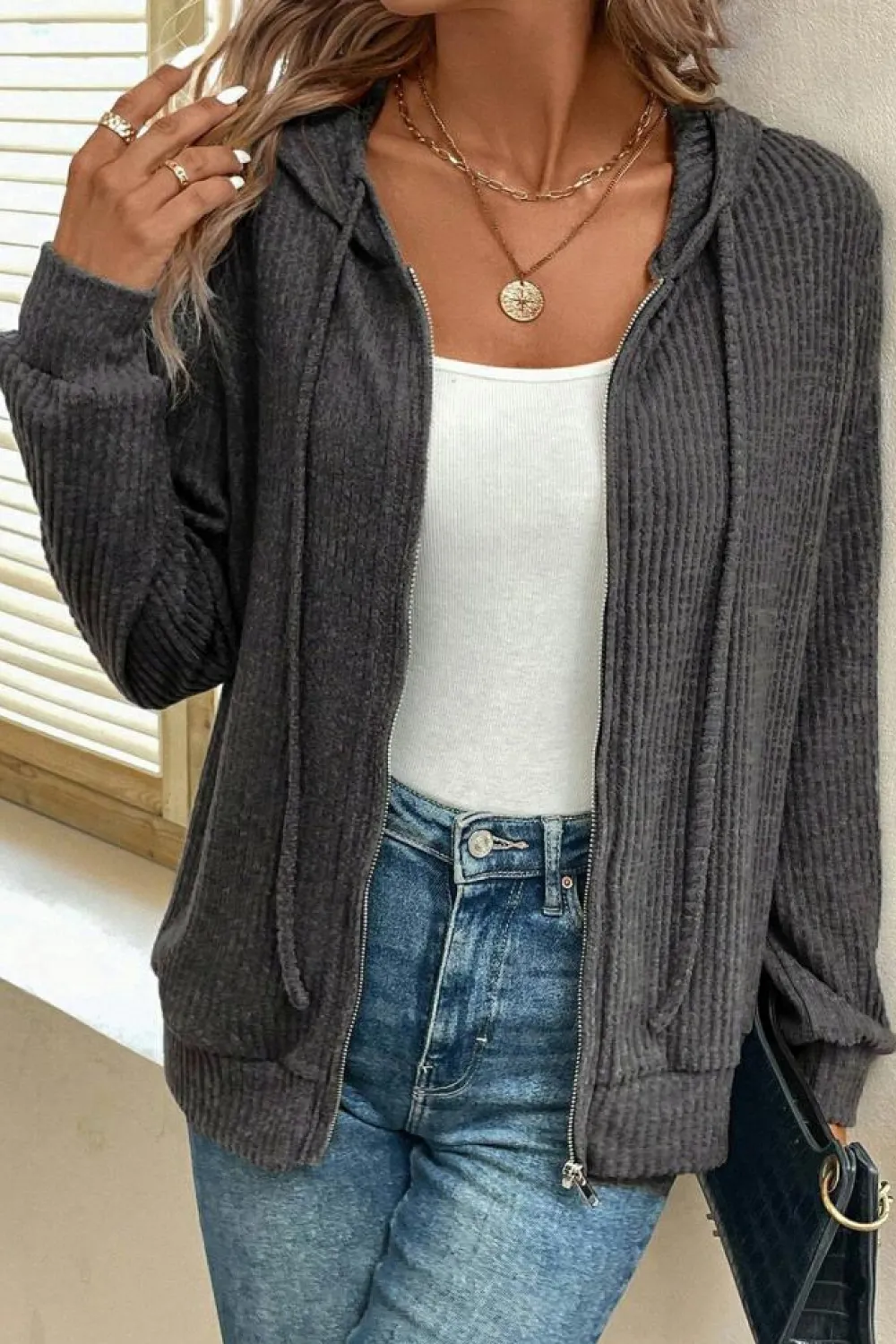 Best Dear-Lover Ribbed Zip Up Front Drawstring Hoodie Dark Grey