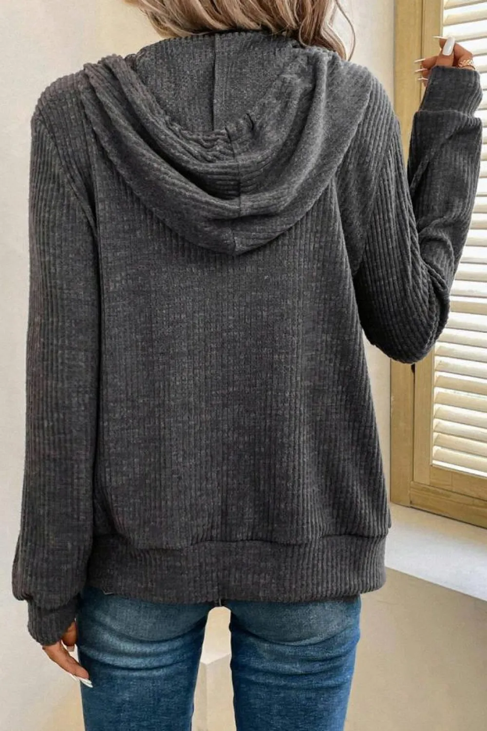 Best Dear-Lover Ribbed Zip Up Front Drawstring Hoodie Dark Grey