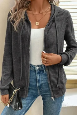 Best Dear-Lover Ribbed Zip Up Front Drawstring Hoodie Dark Grey