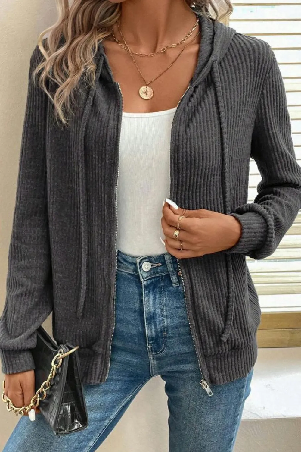 Best Dear-Lover Ribbed Zip Up Front Drawstring Hoodie Dark Grey