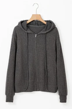 Best Dear-Lover Ribbed Zip Up Front Drawstring Hoodie Dark Grey