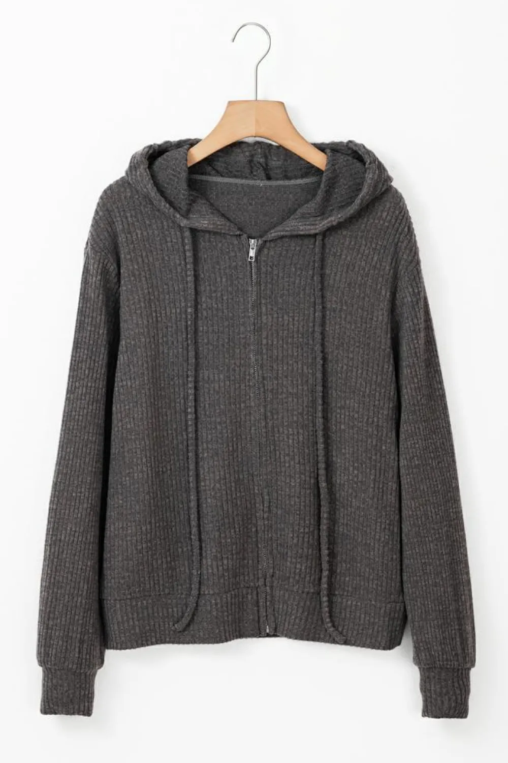 Best Dear-Lover Ribbed Zip Up Front Drawstring Hoodie Dark Grey