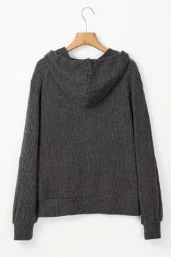 Best Dear-Lover Ribbed Zip Up Front Drawstring Hoodie Dark Grey