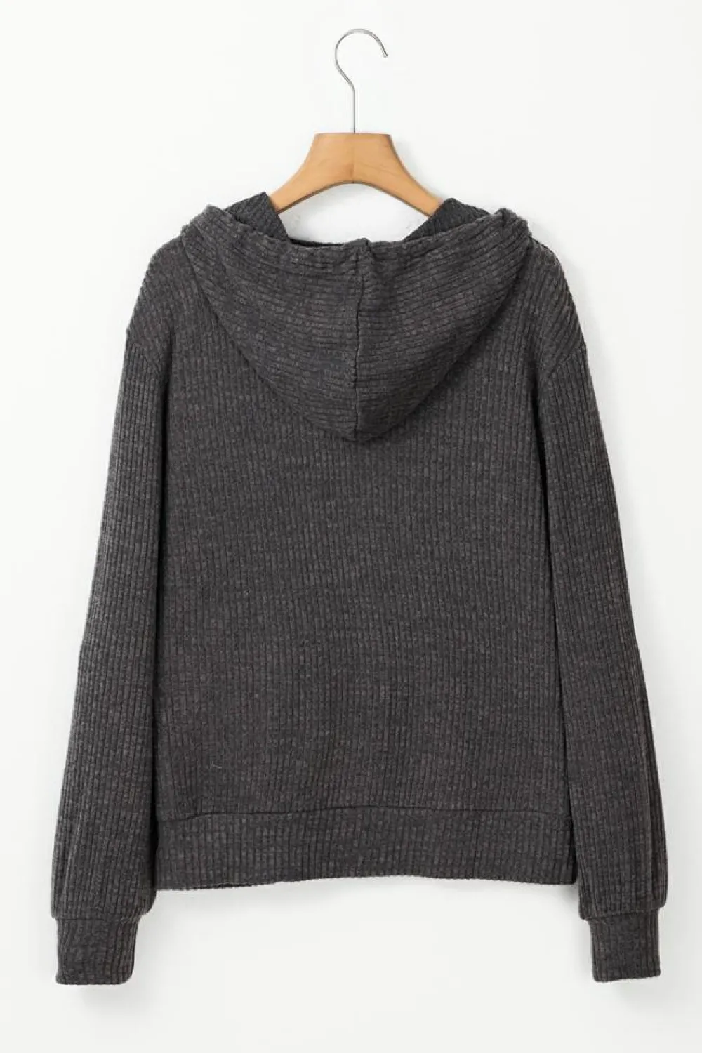 Best Dear-Lover Ribbed Zip Up Front Drawstring Hoodie Dark Grey