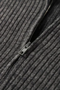 Best Dear-Lover Ribbed Zip Up Front Drawstring Hoodie Dark Grey