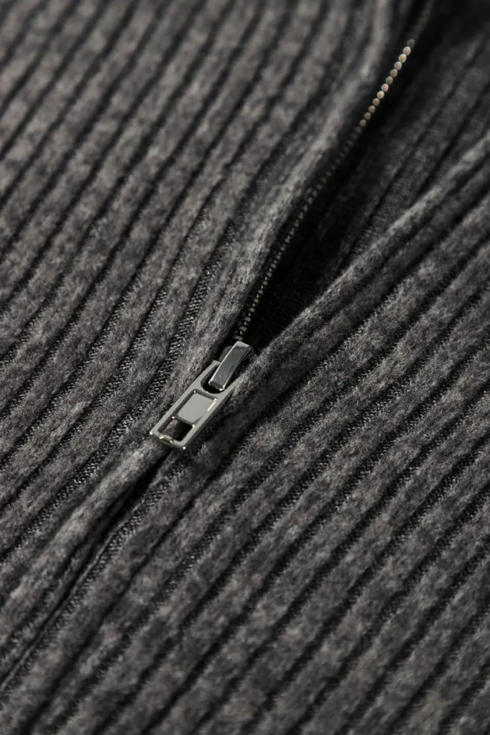 Best Dear-Lover Ribbed Zip Up Front Drawstring Hoodie Dark Grey