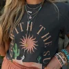Fashion Dear-Lover RISE WITH THE SUN Western Fashion Graphic Tee Dark Grey