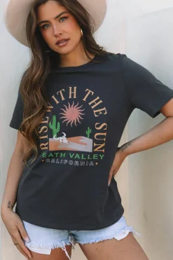 Fashion Dear-Lover RISE WITH THE SUN Western Fashion Graphic Tee Dark Grey