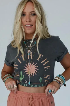 Fashion Dear-Lover RISE WITH THE SUN Western Fashion Graphic Tee Dark Grey