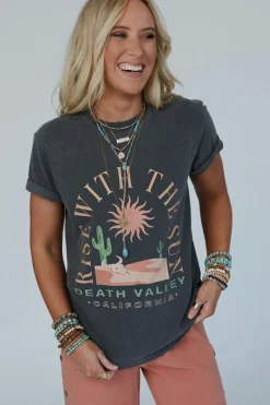 Fashion Dear-Lover RISE WITH THE SUN Western Fashion Graphic Tee Dark Grey